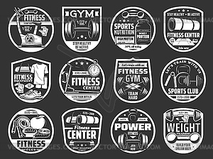 Sport tool and equipment icons of gym - vector clipart