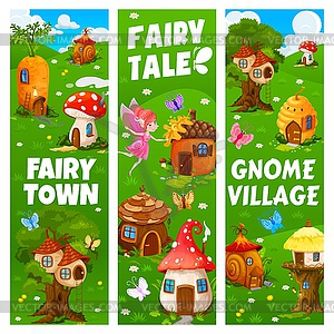 Fairy town and village banners, cartoon gnome - vector clip art