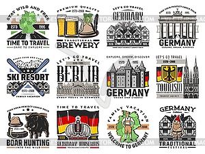 German travel icons, flag, map of Germany - vector image