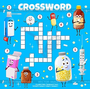 Cartoon tablets and pills on crossword worksheet - vector clip art
