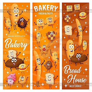 Cartoon bread, bakery and confectionery characters - vector clipart