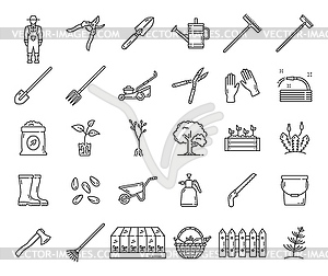 Agriculture farming, farmer gardening tools icons - vector clipart