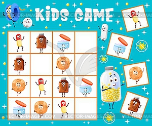 Sudoku kids game worksheet, cartoon pills, syrup - royalty-free vector image