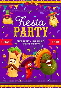 Fiesta party flyer cartoon mexican food characters - vector clip art