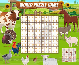 Farm animals on word search puzzle game worksheet - vector clip art