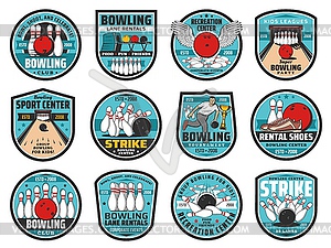 Bowling club icons. Skittles and ball on alley - vector clipart