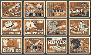 Cricket club sport play equipment, posters retro - vector image