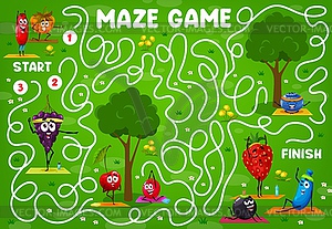 Labyrinth maze game, cartoon berries, yoga fitness - vector image