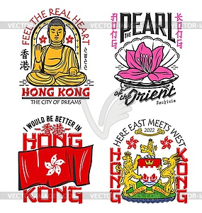 Hong Kong coat of arms, flag, Buddha t-shirt print - vector image
