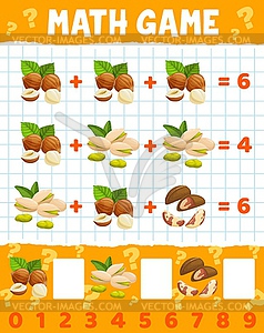 Pistachio, hazelnut and brazilian nuts math game - vector clipart