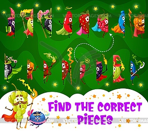 Find half of cartoon berry wizard, mage and fairy - vector image