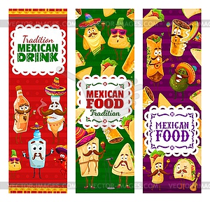 Cartoon Mexican food and drinks characters, banner - vector clipart