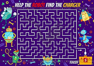 Labyrinth maze worksheet, help robot find charger - vector image