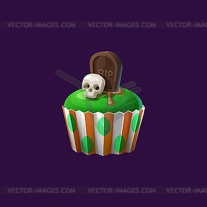 Halloween cupcake with witch hat, food dessert - vector image