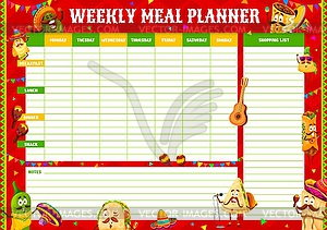 Weekly meal planner with Mexican food characters - royalty-free vector image