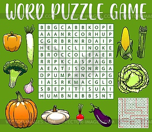 Farm vegetables on word search game worksheet - vector image