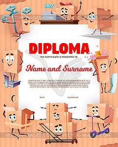 Kids diploma shipping service, box characters - vector clipart