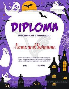 Kids diploma, Halloween ghost cemetery certificate - vector image