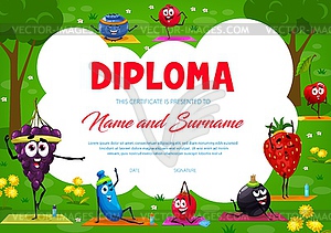 Kids diploma cartoon berry characters yoga fitness - vector image