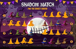 Halloween shadow match game, ghosts, witch hats - vector clipart