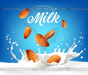 Almond milk splash with nuts, cream or dairy drink - vector clip art