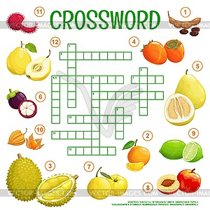 Cartoon tropical raw fruits on crossword grid quiz - vector clipart