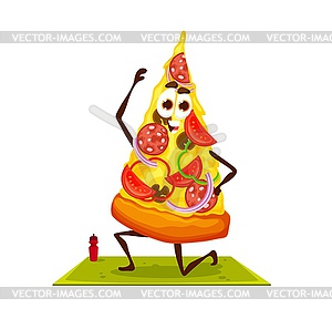 Cartoon funny pizza character on yoga fitness - vector image