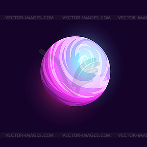 Cartoon pink space planet with round nebula, water - vector clipart