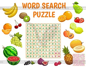 Raw farm fruits, berries, word search puzzle game - vector clip art