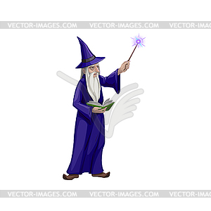 Old magician with wand wizard character make spell - vector image