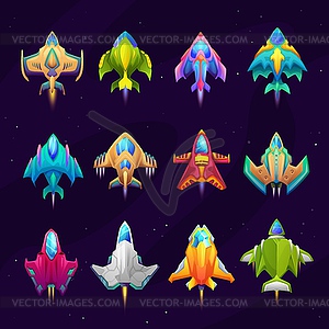 Cartoon starship, spacecraft and spaceship icons - vector image