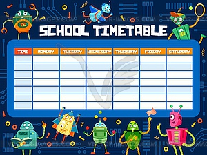 Kids timetable schedule with cartoon funny robots - vector clipart