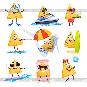 Cartoon Mexican nachos chips, summer beach - vector clip art