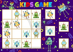 Cartoon funny robots, sudoku kids game worksheet - vector clipart