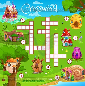 Cartoon fairytale houses, crossword grid worksheet - vector image