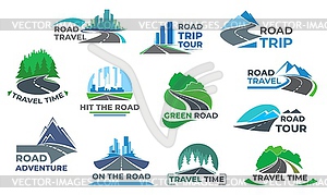 Road travel, highway and travel icons - vector image