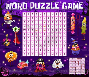 Word search puzzle game with Halloween candies - vector clip art
