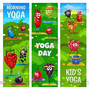 Cartoon berry characters on yoga fitness class - vector image