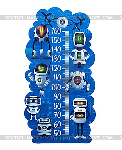 Cartoon robots and droids on kids height chart - vector clip art