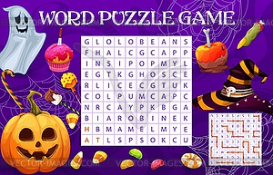 Word search puzzle quiz game of Halloween sweets - vector clipart