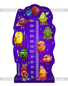 Cartoon fruits superheroes on kids height chart - vector image