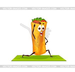 Cartoon mexican burrito character on yoga fitness - color vector clipart