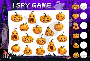 I spy game with Halloween eerie pumpkins faces - vector image