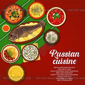 Russian cuisine menu cover, meat, fish and soups - vector image