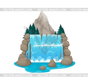 Cartoon mountain waterfall, water cascade on rocks - vector image