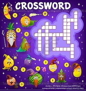 Crossword quiz worksheet, cartoon fruits wizards - vector clipart