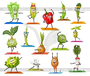 Cartoon vegetable characters on yoga and pilates - vector clipart
