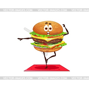 Cartoon cheeseburger character on yoga fitness - vector image