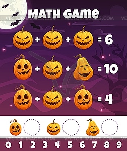 Halloween pumpkin lanterns math game worksheet - vector clip art