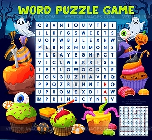 Halloween sweets wordsearch puzzle game worksheet - vector image